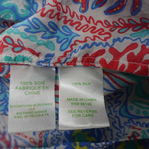 Lilly Pulitzer Blouse Coral Reef Silk Preppy Women Size L Blue - Picture 7 of 8